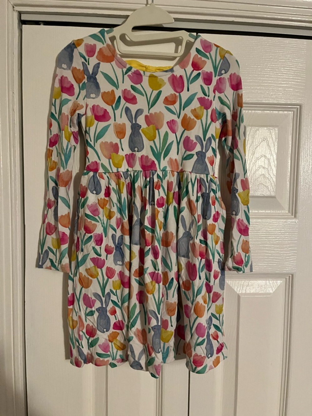 Girls' White Floral & Bunny Long-Sleeve Dress
